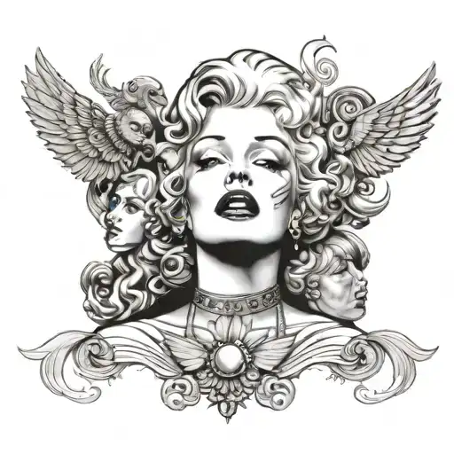 Marylin Monroe's face Let it be next to Cleopatra and Lagartha and Lilith tattoo design idea