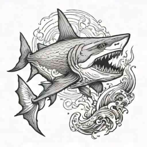 A black and grey portrait of a shark transforming into a surrealistic underwater landscape tattoo design idea