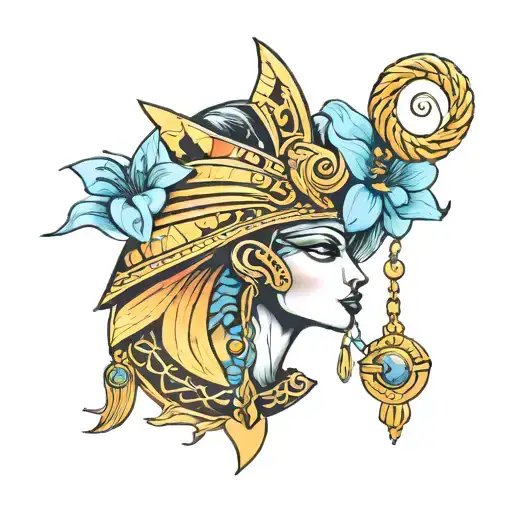 a character with a necklace with the symbols: eye of ra, lily and lyre tattoo design idea