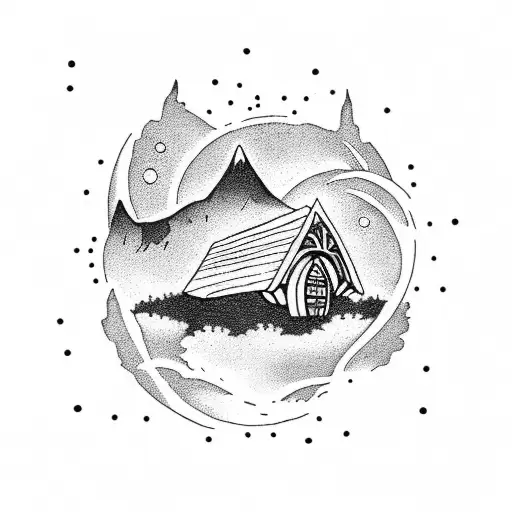 A tattoo of a starry night sky with the silhouette of a hobbit house tattoo design idea
