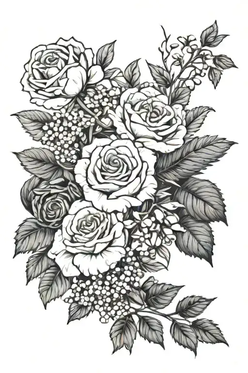roses, marigolds, carnations, lily of the valley, hawthorn, honeysuckle, cosmo and snow drop flowers with leaves tattoo design idea