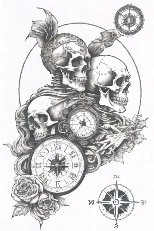 Death over top holding a hour glass over a man and woman skull kissing over a compass, with yin and yang... What if..   tattoo design idea