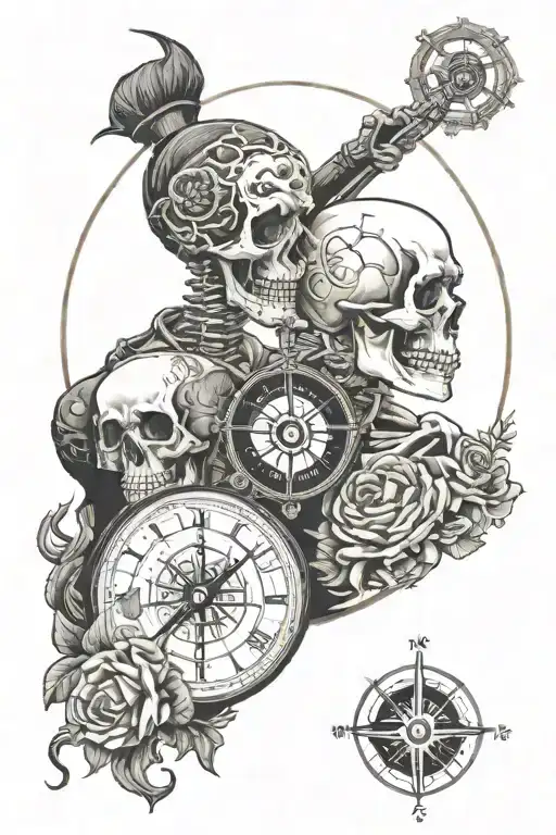 Death holding a hour glass over a man and woman skull kissing over a compass with yin and yang   tattoo design idea