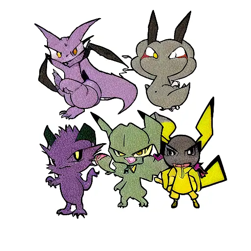 Pokémon charizard, pikachu, scyther, and haunter tattoo design idea