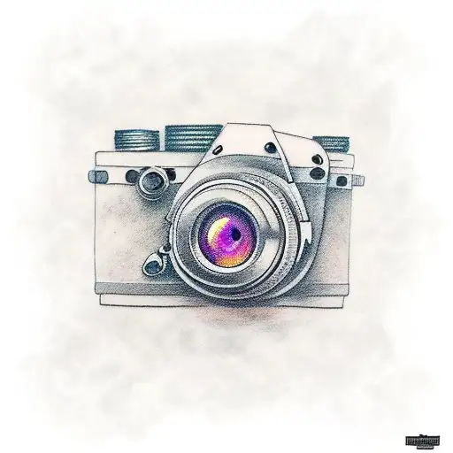 Incorporate a camera lens and a vinyl record into a vibrant new-school tattoo tattoo design idea
