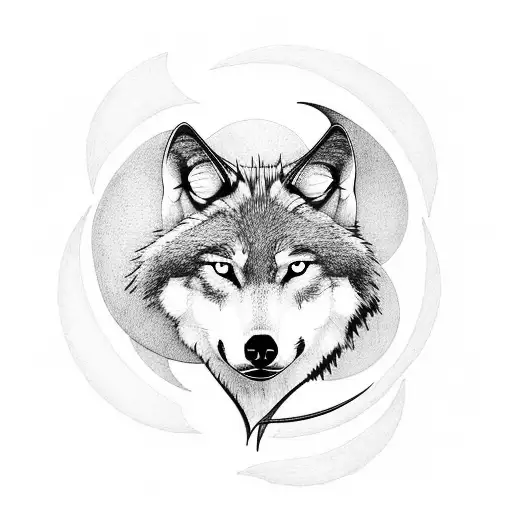 wolf and crescent moon and larkspur and waterlily tattoo design idea