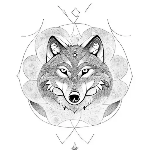 wolf and crescent moon and larkspur and waterlily tattoo design idea