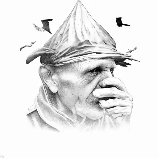 Ravens delivering scraps of food into the hand of an old man in the wilderness tattoo design idea