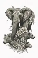 elephant, bear, wolf, and lioness surrounded by flowers tattoo design idea