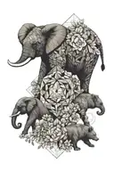 elephant, bear, wolf, and lioness surrounded by flowers tattoo design idea