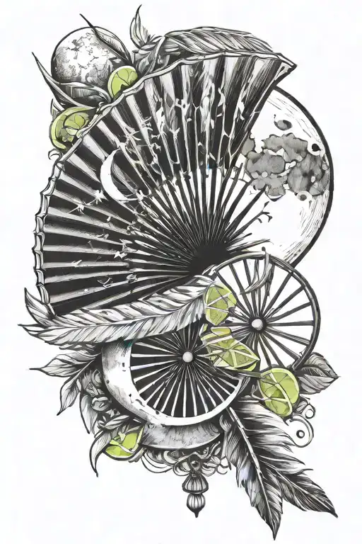 Chinese fan+ slice of lime + arrow + moon + feather tattoo design idea