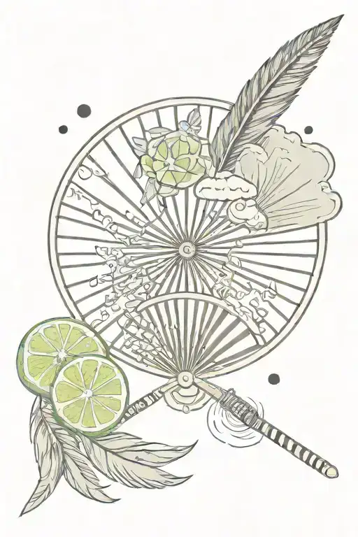 Chinese fan+ slice of lime + arrow + feather + moon tattoo design idea