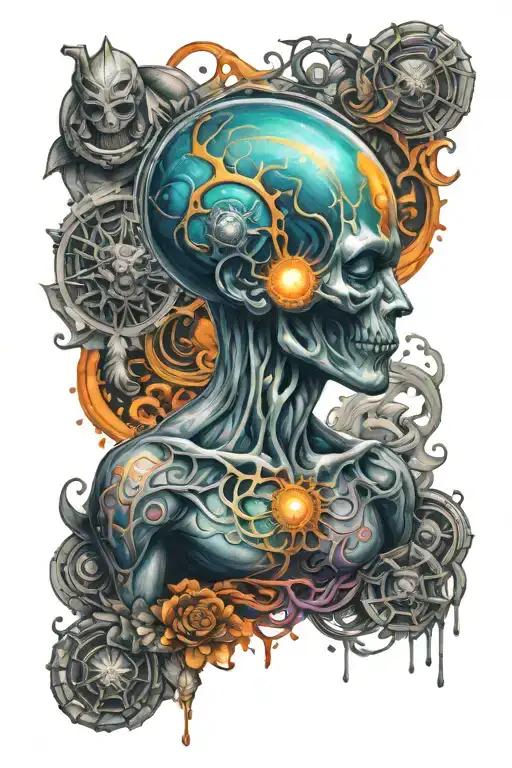 chakra with meditating alien and oversoul with colorfull  tattoo design idea