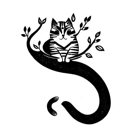 Cat in Tree with Tail above the Body tattoo design idea