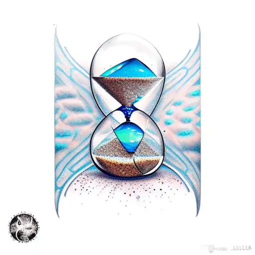 Cracked hourglass that is spilling sand, hourglass has Blue Morpho butterfly wings tattoo design idea