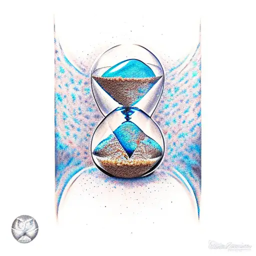 Cracked hourglass that is spilling sand, hourglass has Blue Morpho butterfly wings tattoo design idea