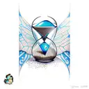 Cracked hourglass that is spilling sand, hourglass has Blue Morpho butterfly wings tattoo design idea