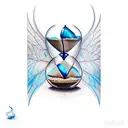 Cracked hourglass that is spilling sand, hourglass has Blue Morpho butterfly wings tattoo design idea