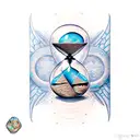 Cracked hourglass that is spilling sand, hourglass has Blue Morpho butterfly wings tattoo design idea