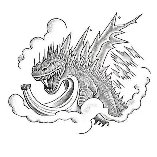 Godzilla with blue eyes and lightning in background  tattoo design idea