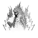 Godzilla with blue eyes and lightning in background  tattoo design idea