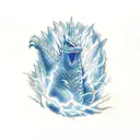 Godzilla with blue eyes and lightning in background  tattoo design idea