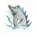 Godzilla with blue eyes and lightning in background  tattoo design idea