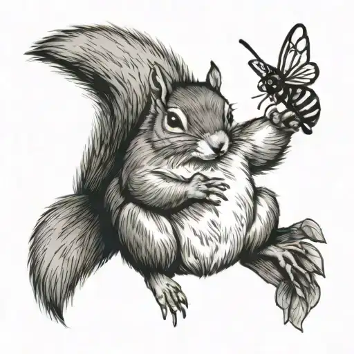 A black-grey tattoo of a squirrel holding a bee in its paw tattoo design idea