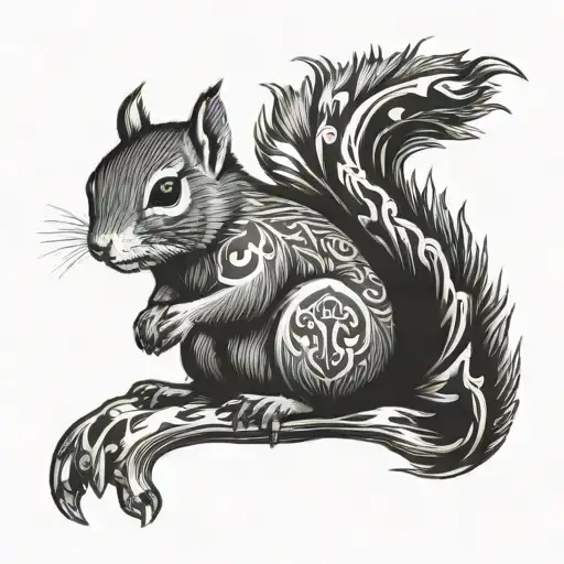 A black-grey squirrel tribal tattoo inspired by the client's favorite things tattoo design idea