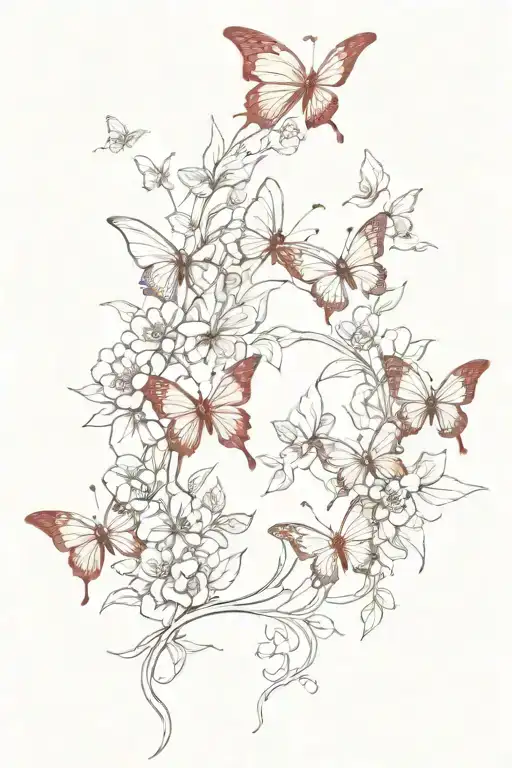 Wind carrying a trail of red butterflies through flowers, I want the tattoo to flow upwards.  tattoo design idea