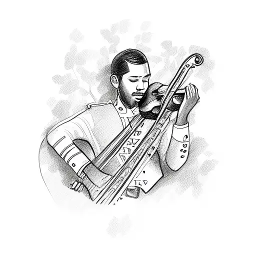 A sketch-style illustration of a mariachi musician playing a fuchsia bougainvillea as an instrument tattoo design idea