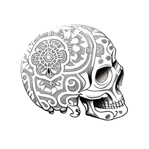 Traditional Mexican sugar skull with intricate dotwork details tattoo design idea