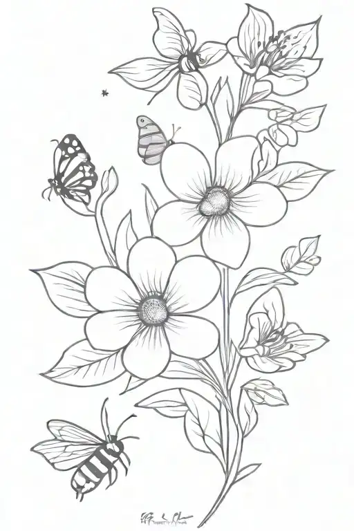 Flowers, leaves, bee, butterfly, stippling, fine line tattoo design idea