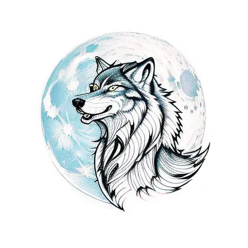 A wolf howling at a moon-shaped video game controller tattoo design idea