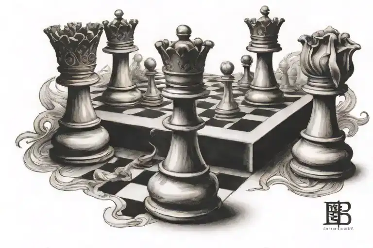 king queen and three pawn chess pieces tattoo design idea