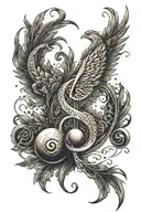 A moon made of song lyrics with a phoenix in the shape of a treble clef with dumbbells as stars around it  tattoo design idea