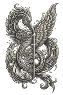 A moon made of song lyrics with a phoenix in the shape of a treble clef with dumbbells as stars around it  tattoo design idea