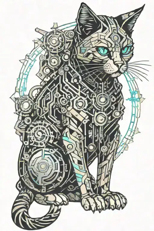 steampunk cat sitting tattoo design idea