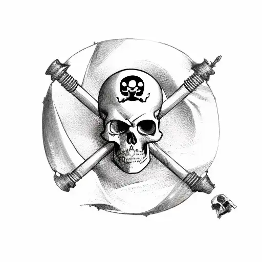 pirate flag with scull on the center with saber and canon and Boarding hooks tattoo design idea