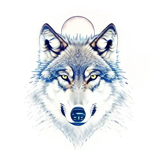 Wolf with moon eyes, over a forest with sky filled with stars tattoo design idea
