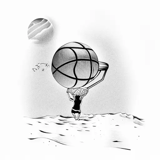 A beach scene with a basketball player dribbling on the shore under a fiery sunset tattoo design idea