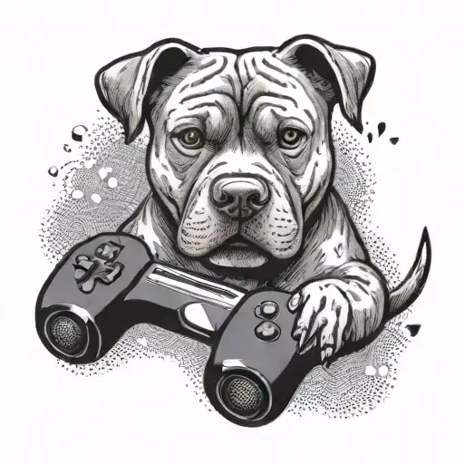 A cartoon version of an American Staffordshire Terrier playing video games, done in dotwork style tattoo design idea