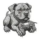 A cartoon version of an American Staffordshire Terrier playing video games, done in dotwork style tattoo design idea