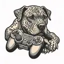 A cartoon version of an American Staffordshire Terrier playing video games, done in dotwork style tattoo design idea