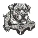 A cartoon version of an American Staffordshire Terrier playing video games, done in dotwork style tattoo design idea