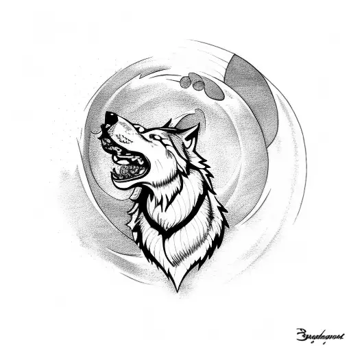 A tattoo design of a wolf howling at the moon with a heart-shaped ocean wave tattoo design idea