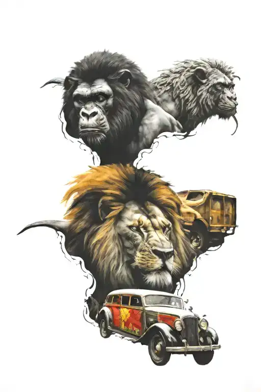 A reggae-themed lion and gorilla mural on the side of a vintage car tattoo design idea
