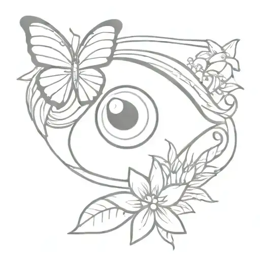 Little girls eye, hidden behind a flower and butterfly  tattoo design idea