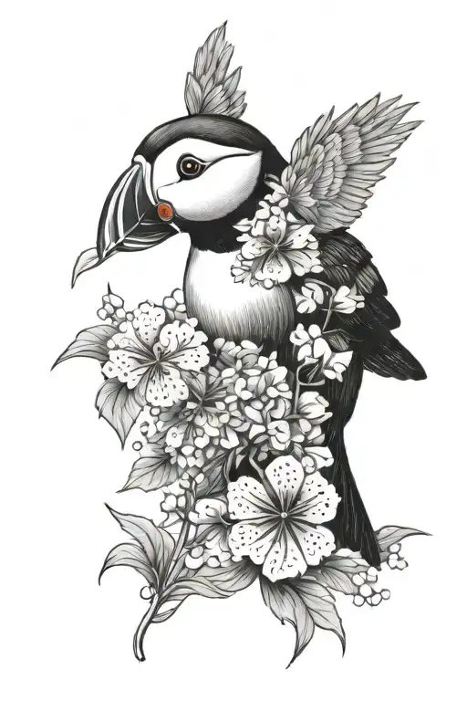 puffin hydrangea lace tattoo design idea
