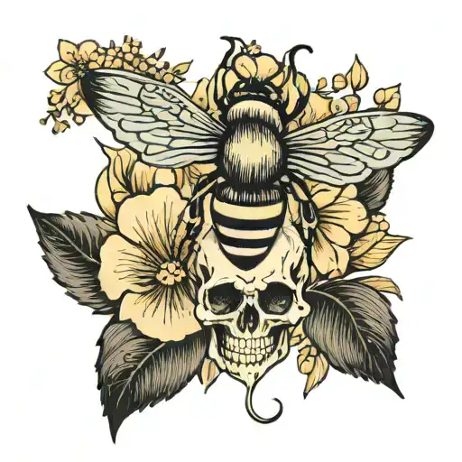 bee, skull, floral tattoo design idea
